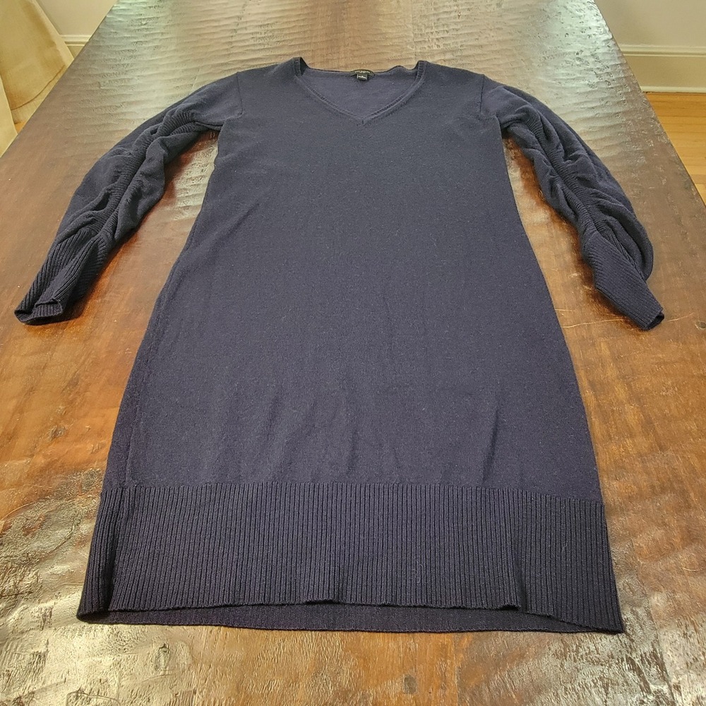 Ann Taylor Sweater Dress Women's‎ Small Navy Knit Ruched Sleeve V Neck Midi